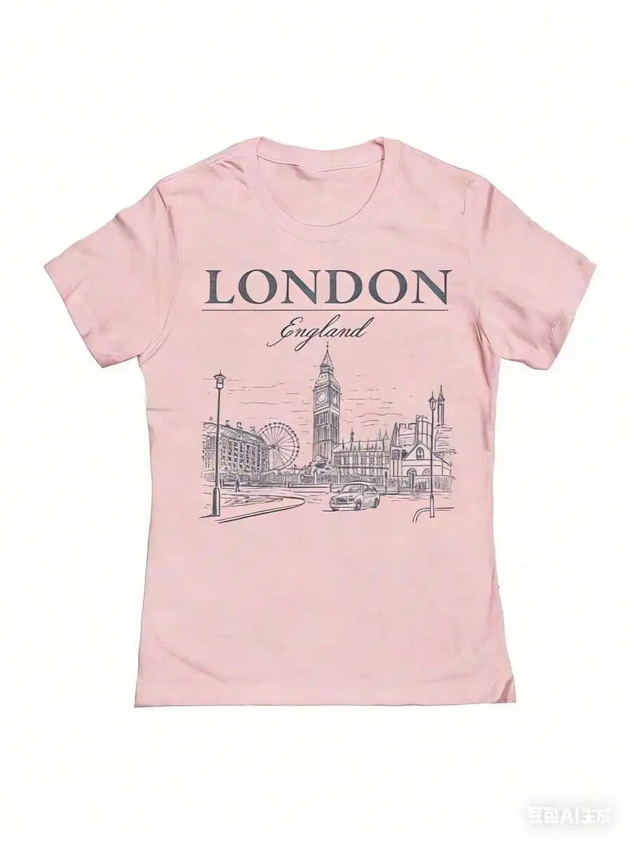 London England Graphic Cotton T-Shirt For Women Retro City Sketch Design