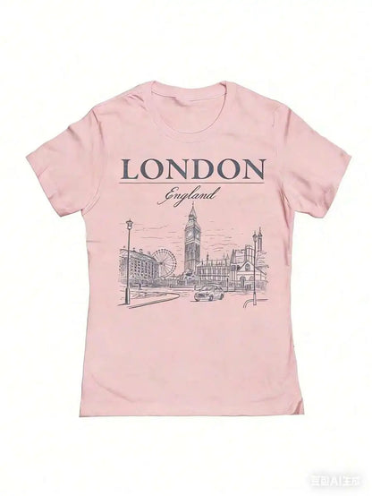 London England Graphic Cotton T-Shirt For Women Retro City Sketch Design