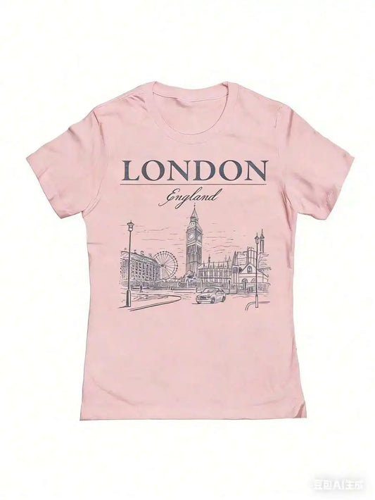 London England Graphic Cotton T-Shirt For Women Retro City Sketch Design