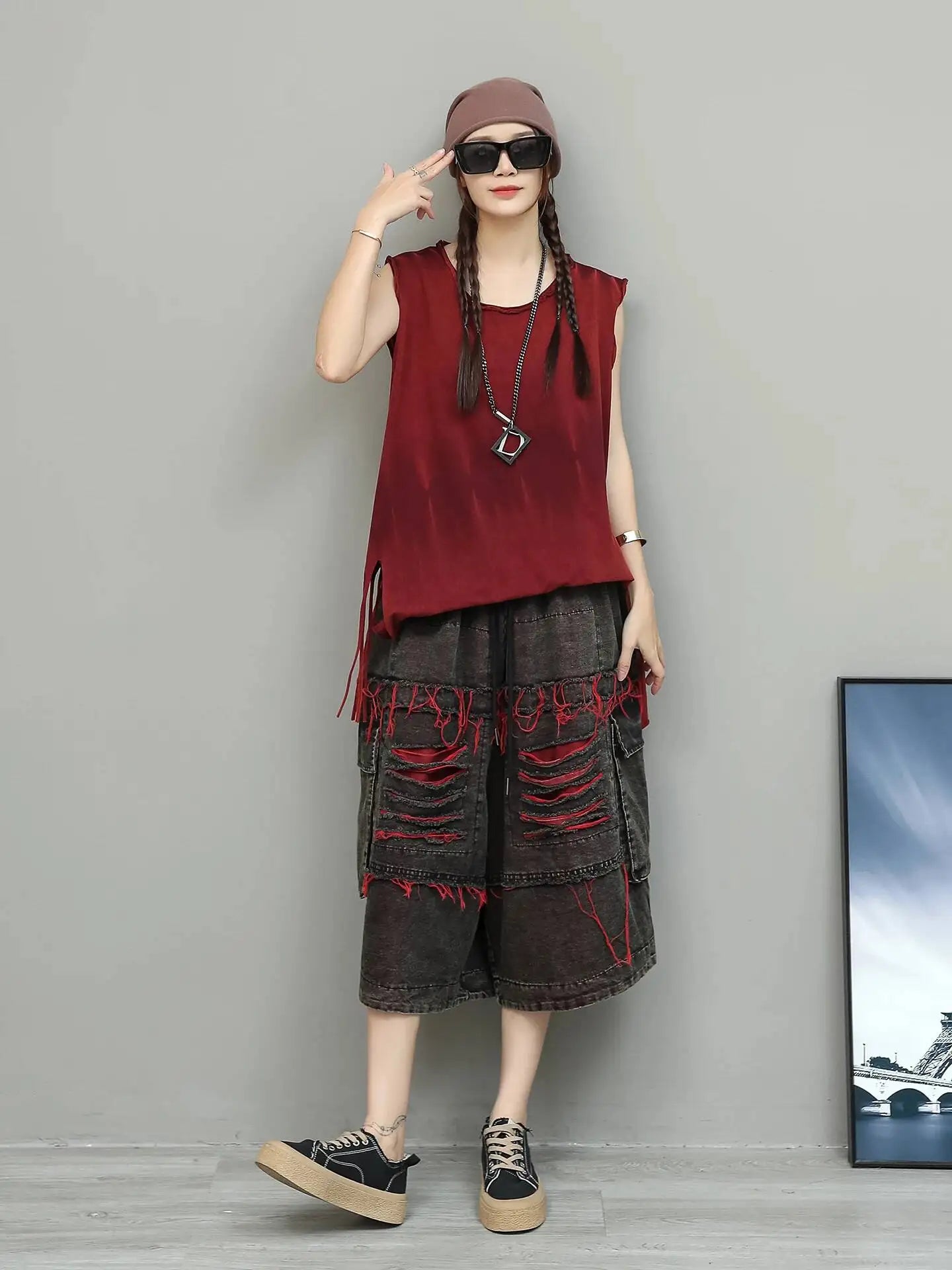 Unique Fashion Denim Jeans Women Distressed Mid-Length Loose Ripped Wide-Leg Cropped Pants LX5800