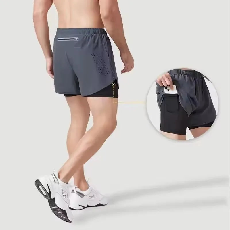 Summer Men's Reflective Running Shorts Fitness Quick Drying Double-Layer Shorts Men's Exercise Training Bodybuilding Shorts