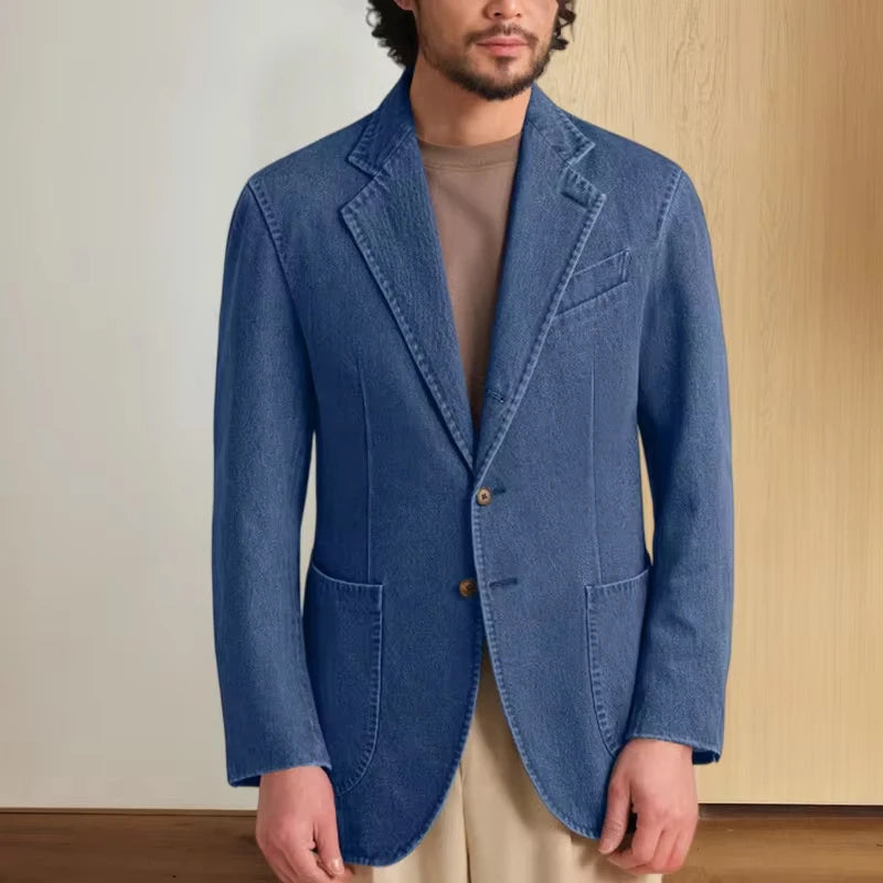 Men's Stretch Denim Blazer Classic Fit Notch Lapel 2 Button Suit Jacket Soft Breathable Business Casual Sport Coat with Pockets