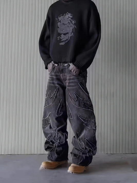 European and American Embroidered Street Graffiti Wide-Leg Jeans for Men, Loose Flame Vintage-Style Casual Trousers