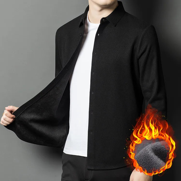 Men's Thermal Flannel Long Sleeves Shirt - Army Green (Black/Beige/Dark Green) 1.1% Cashmere | 450g Heavyweight Winter Warmth