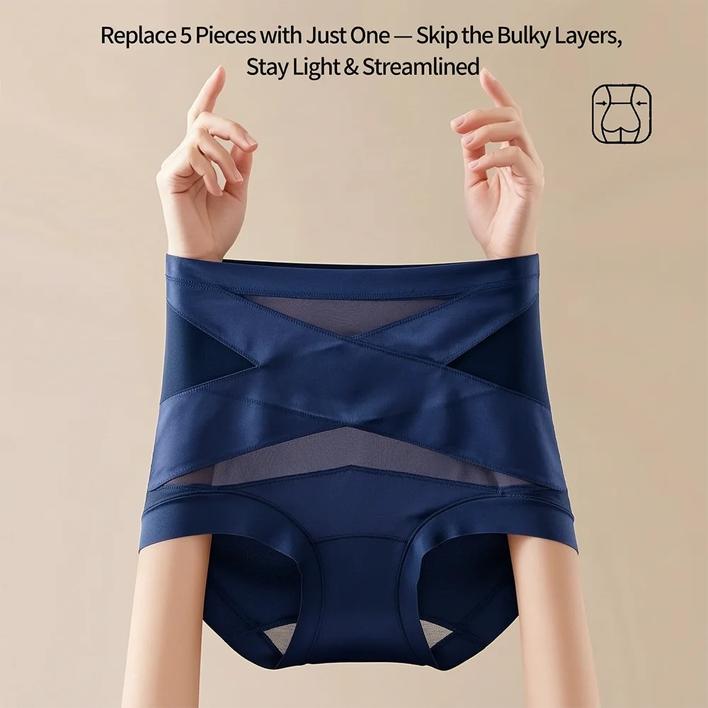 4pcs High Waisted Women's Panties Breathable Tummy Control Shapewear Mesh Cross Tummy Cinching Ice Silk No Trace Triangle Panties Tummy Tuck Shape