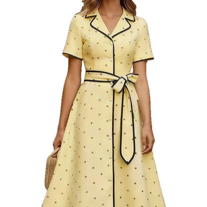 Vintage French Style Polka Dot V Neck Summer Dress Slim Waist Tie Belt Midi A-Line Flared Casual Outfit