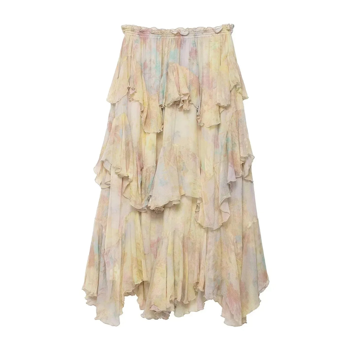 KONDALA Vintage Flower Print Long Skirts High Waist Ruffles Chiffon Skirts Fashion 2025 Autumn Boho Holiday Party Skirts