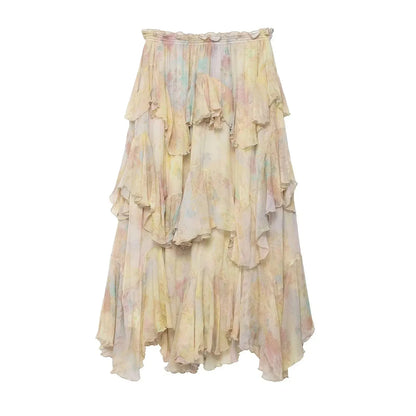 KONDALA Vintage Flower Print Long Skirts High Waist Ruffles Chiffon Skirts Fashion 2025 Autumn Boho Holiday Party Skirts