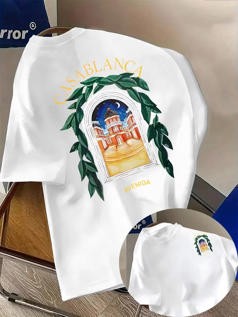 Casablanca Aesthetic Y2K Architectural Graphic Unisex Casual Round Neck Short Sleeve Summer Neutral Streetwear T Shirt
