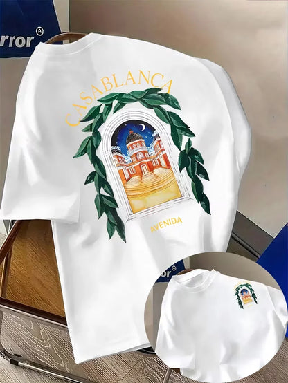 Casablanca Aesthetic Y2K Architectural Graphic Unisex Casual Round Neck Short Sleeve Summer Neutral Streetwear T Shirt