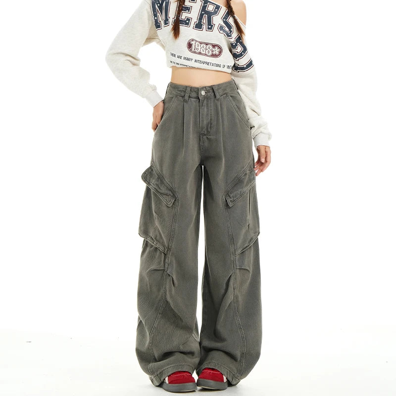 Retro Casual High Waisted Baggy Cargo Jeans Women Washed Distressed Wide Leg Pants Brown Denim Y2K Streetwear Vintage Trousers