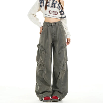 Retro Casual High Waisted Baggy Cargo Jeans Women Washed Distressed Wide Leg Pants Brown Denim Y2K Streetwear Vintage Trousers