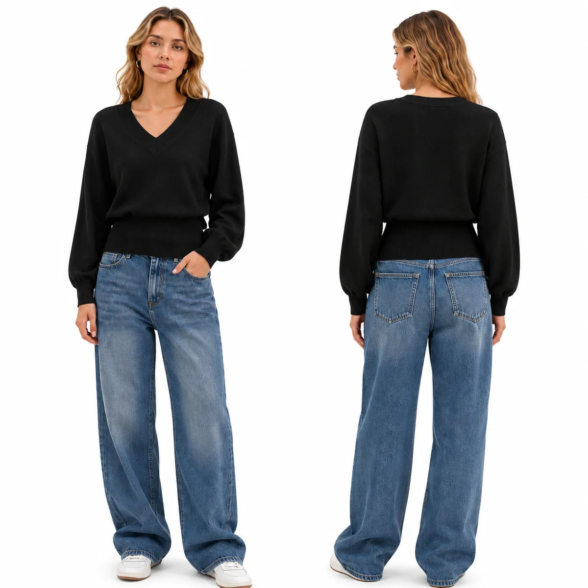 Batwing Sleeve V‑Neck Sweater for Women, Dolman Long Sleeve Ribbed Hem Cropped Knit Pullover, Loose Fit Casual Soft Knitted Jumper for Daily Office Fall Winter