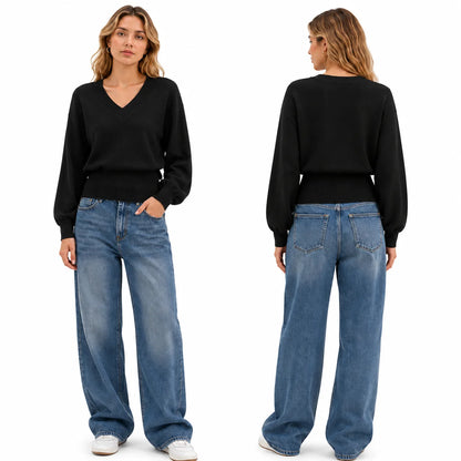 Batwing Sleeve V‑Neck Sweater for Women, Dolman Long Sleeve Ribbed Hem Cropped Knit Pullover, Loose Fit Casual Soft Knitted Jumper for Daily Office Fall Winter