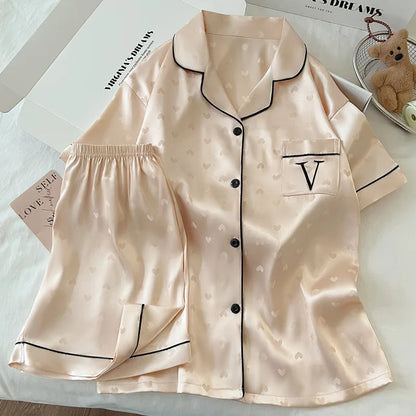 New Luxury Light Heart Ins Style Summer Pajamas for Women, Short Sleeve and Shorts, Ice Silk with Letter Embroidery Homewear Set