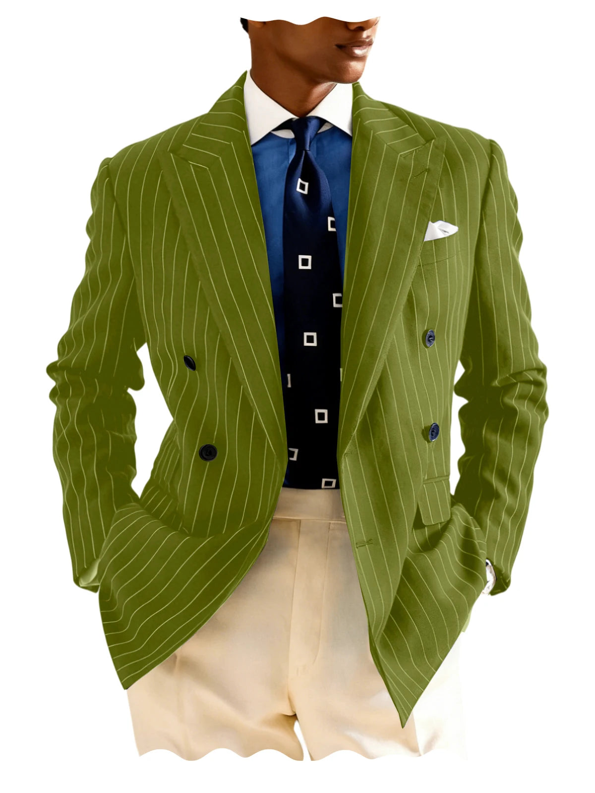 Men's Pinstripe Double Breasted Blazer Classic Peak Lapel Slim Fit Striped Suit Jacket For Party Prom Business Formal Coats