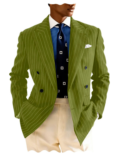 Men's Pinstripe Double Breasted Blazer Classic Peak Lapel Slim Fit Striped Suit Jacket For Party Prom Business Formal Coats