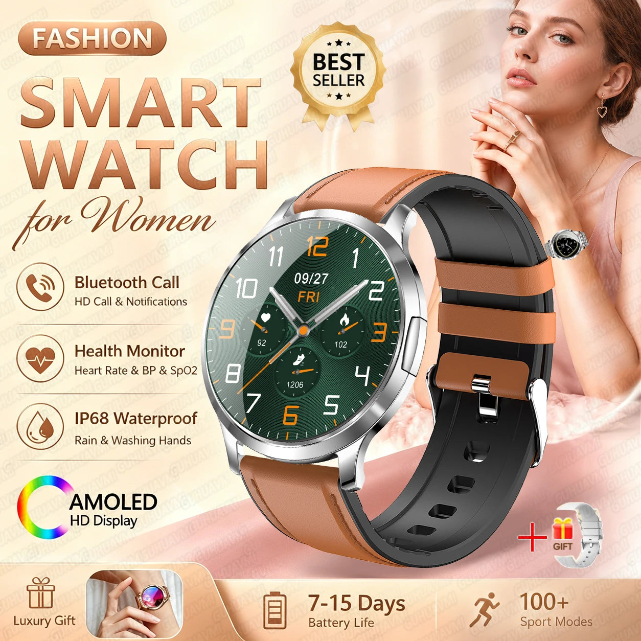 Fashion Women Smart Watch 1.32”AMOLED 100+dials Heart Rate Blood Oxygen Blood Pressure Monitoring Waterproof Give a Gift 2026New