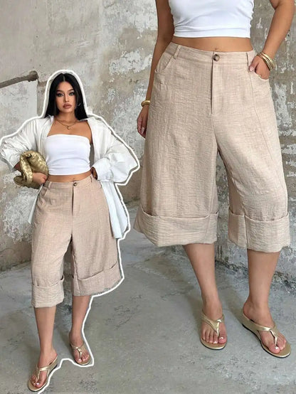 POPSWAY New Elegant Fashion Casual Design Cuffed Hem Capri Length High Waist Wide Leg Pants