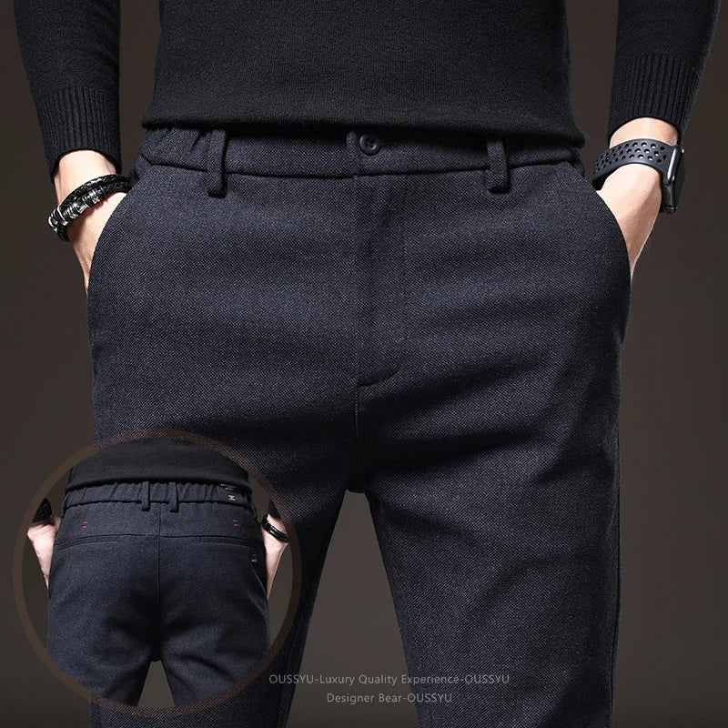 Good Quality Autumn Casual Pants Men Business Slim Elastic Waist Stretch Work Brushed Fabric Blue Trousers Male Brand Clothes