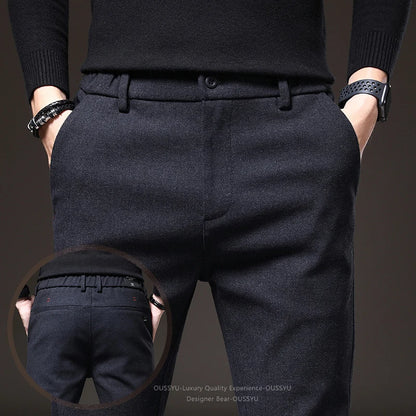 Good Quality Autumn Casual Pants Men Business Slim Elastic Waist Stretch Work Brushed Fabric Blue Trousers Male Brand Clothes