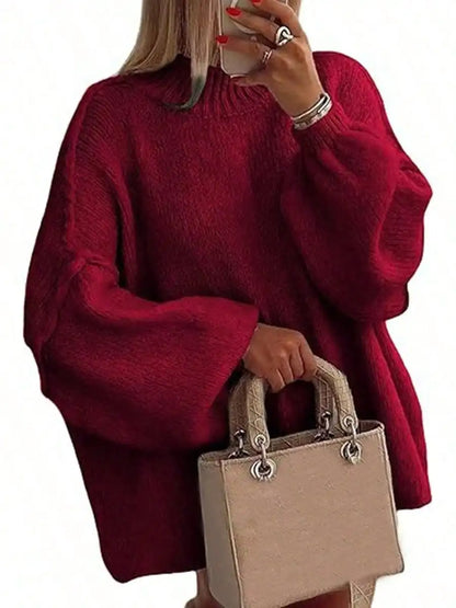 Women's Oversized Pullover Sweaters  Fall Winter Mock Neck Lantern Sleeve Crochet Casual Knitted Jumper Tops Solid Color Loose Blouse