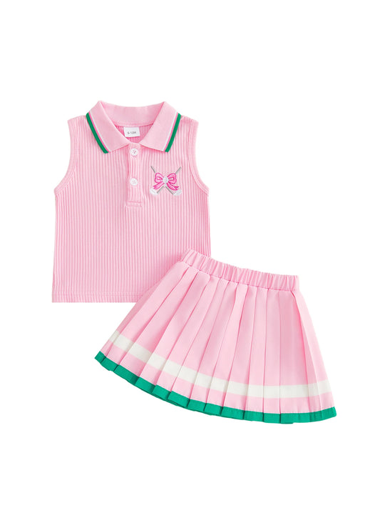 Adorable Infant Girl Tennis Ensemble with Ruffled Sleeveless  and Flared Skirt - Cute 2 Piece Summer Outfit