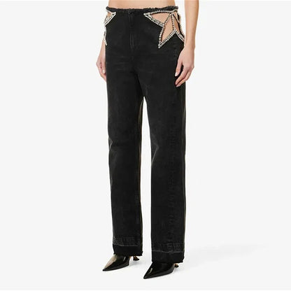 Y2K Rhinestone Fringed Jeans Women Low Waist Wide Legs Hollow Out Denim Pants Female 2026 Summer New Chic Soft Streetwears
