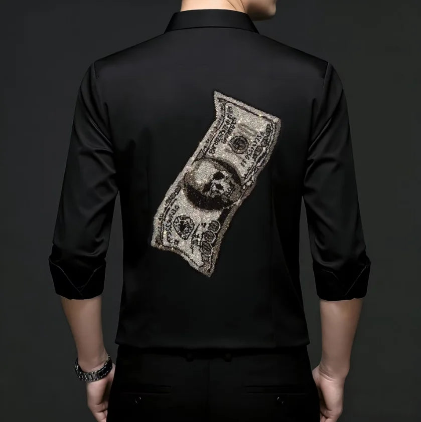 2026 Spring Autumn Luxury Men Streetwear Shirt Shiny Rhinestone Design Loose Natural Silk Casual Long Sleeve Shirt