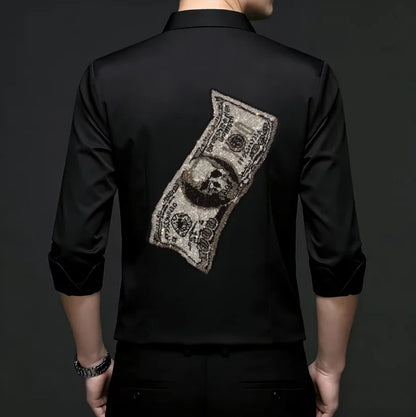 2026 Spring Autumn Luxury Men Streetwear Shirt Shiny Rhinestone Design Loose Natural Silk Casual Long Sleeve Shirt