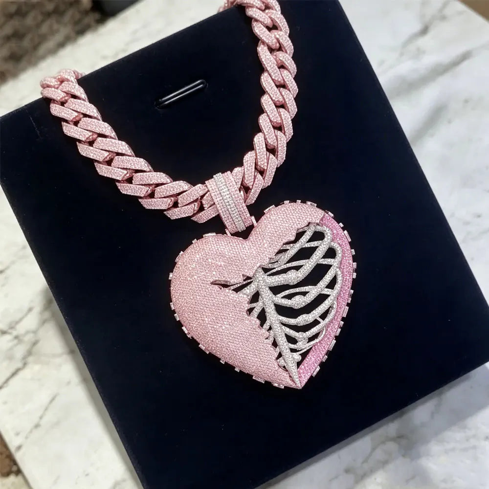 Iced Out Synthesis Zircon Broken Heart Skeleton Pendant, Two Tone Hip Hop Necklace, Men's Bling Gothic Jewelry for Gift Unique
