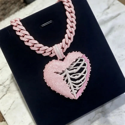 Iced Out Synthesis Zircon Broken Heart Skeleton Pendant, Two Tone Hip Hop Necklace, Men's Bling Gothic Jewelry for Gift Unique