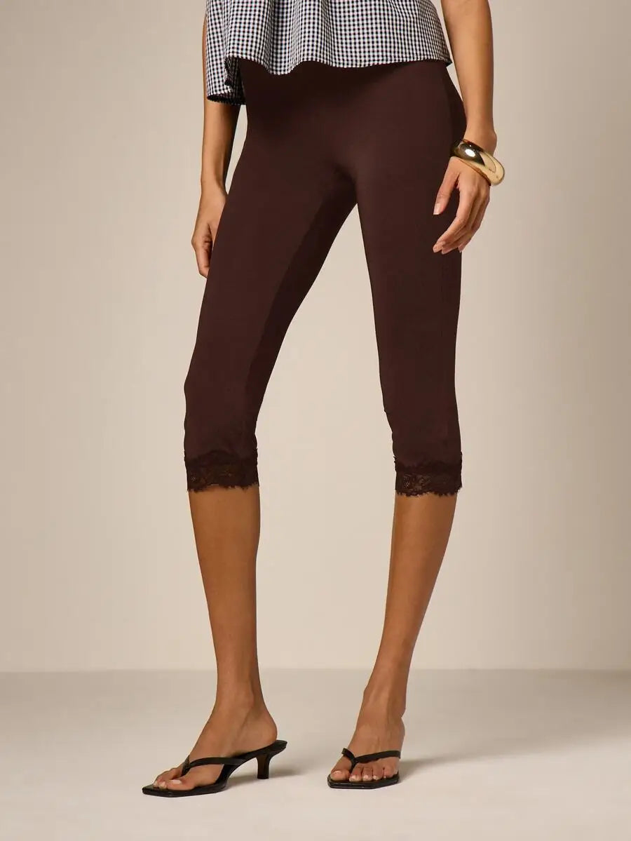AiiRZ Lace Trim Capri Leggings High Waist Stretchy Jersey Crop Pants