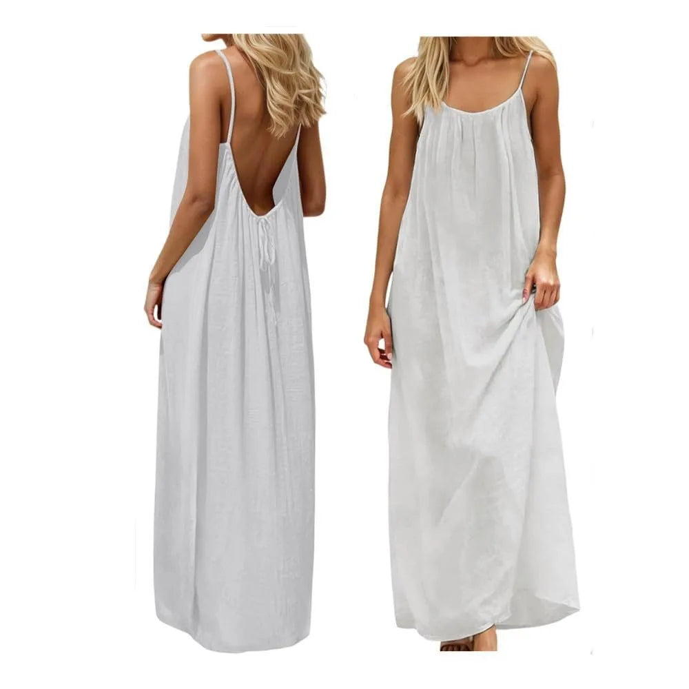 Women's 2026 Summer Ice Silk Crepe Maxi Dress, Solid Color Backless Ruched Spaghetti Strap Casual Long Dress for Beach Vacation