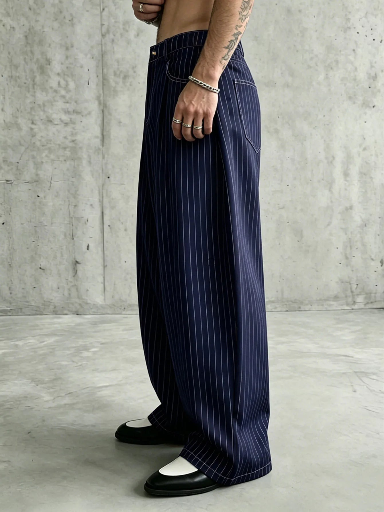 Men Navy Pinstripe Wide Barrel Baggy Pants Stretch Wrinkle Free Oversized Loose Banana Trousers Business Street Chinos