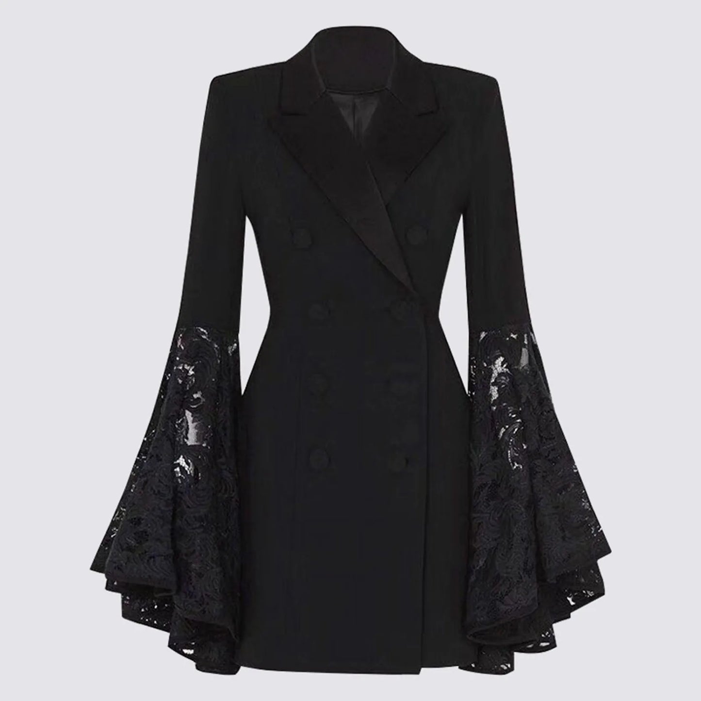 Women'S Black Fashionable Jacket Horn Lace Patchwork Long Sleeved Small Suit Jacket Slimming Waist Warm Work Clothes Women