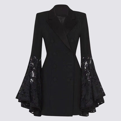 Women'S Black Fashionable Jacket Horn Lace Patchwork Long Sleeved Small Suit Jacket Slimming Waist Warm Work Clothes Women