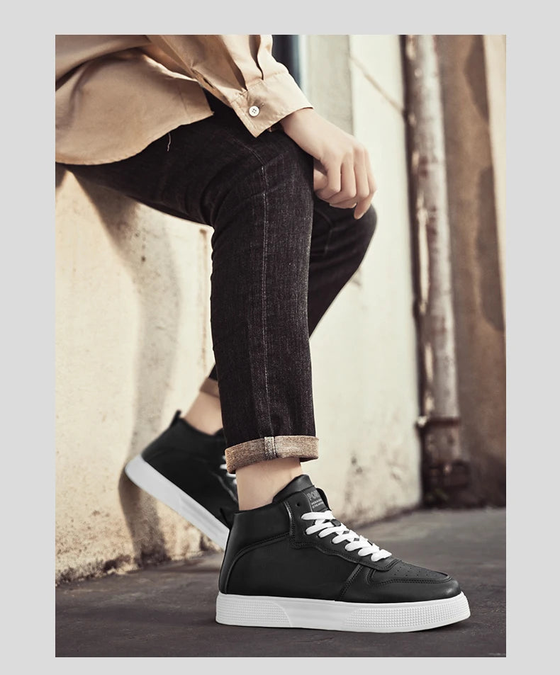 Men's Spring-Autumn New Style High-Top Canvas Shoes Trendy Height-Adding Lace-Up Multi-Functional White Sneakers Flat Shoes Men'