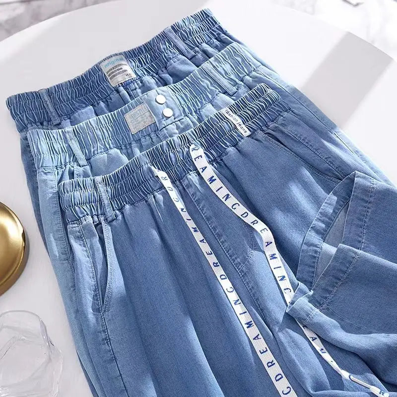 Plus Size Loose Fit Ice Silk Jeans Casual Yoga Demin Pants Women's Summer Trendy Brand Thin Wide Leg Pants Feel Comfortable