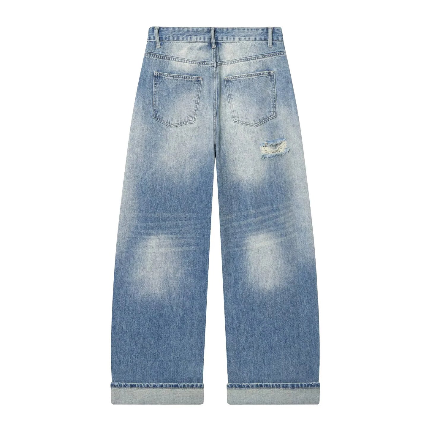 Spring new women's zipper style long mid waist ripped decorative rolled edge loose jeans