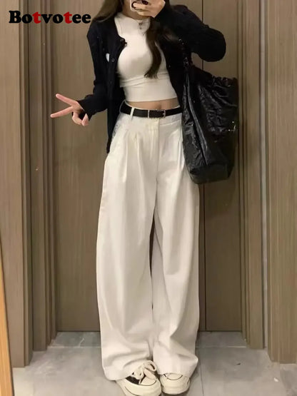 Botvotee Summer White Jeans for Women Wide Leg High Waisted Straight Denim Pants Elegant Casual Female Jeans