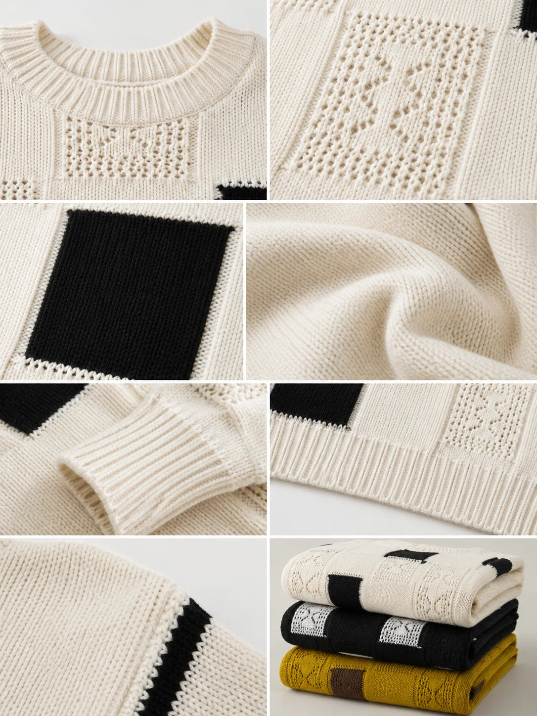 Color Block Square Patchwork Knit Sweater for Women, Hollow Cable Knit Crew Neck Long Sleeve Pullover, Loose Drop Shoulder Casual Jumper for Fall Winter