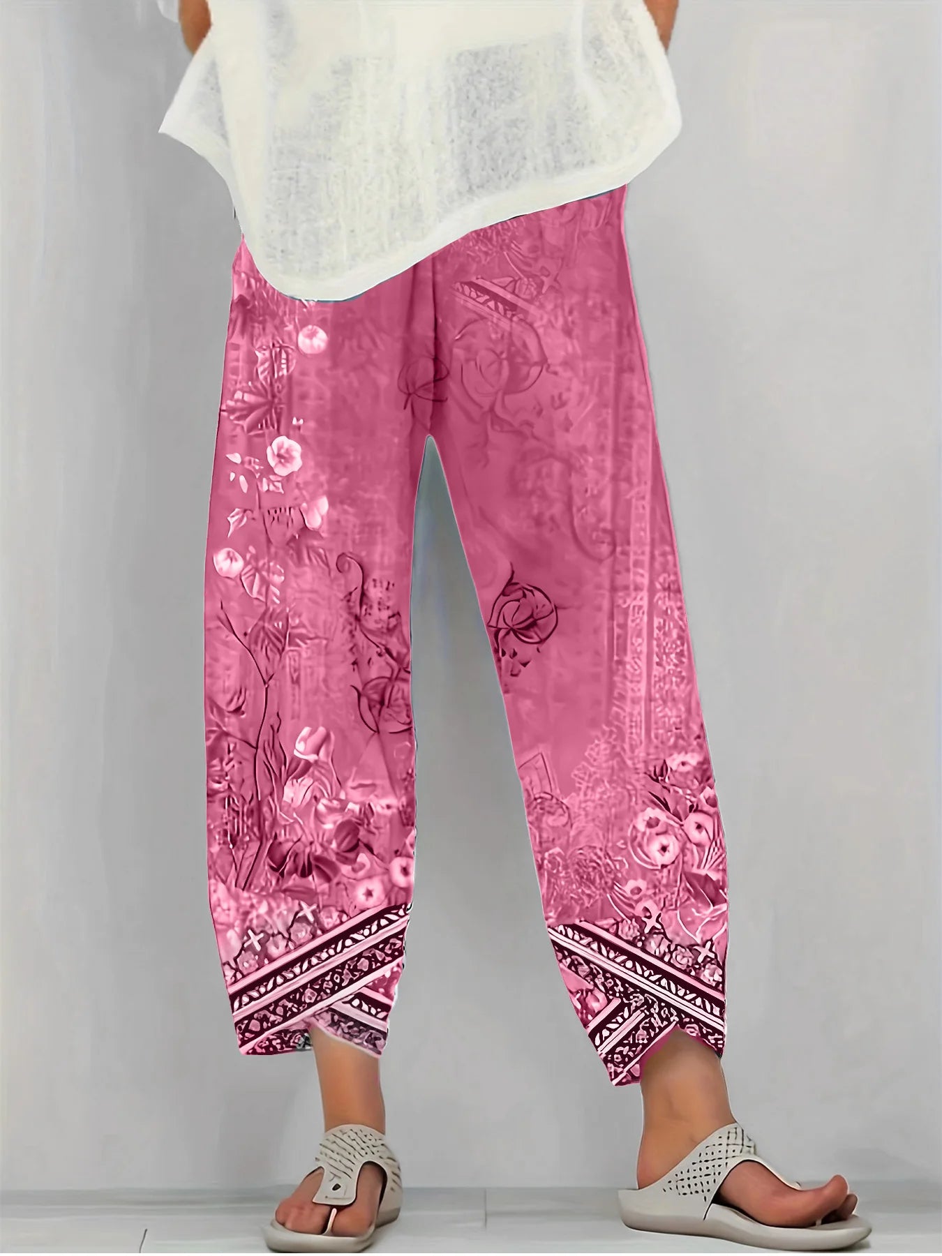 Retro Grey Floral Hem Border Print Plus Size Printed Wide Leg Capri Pants,