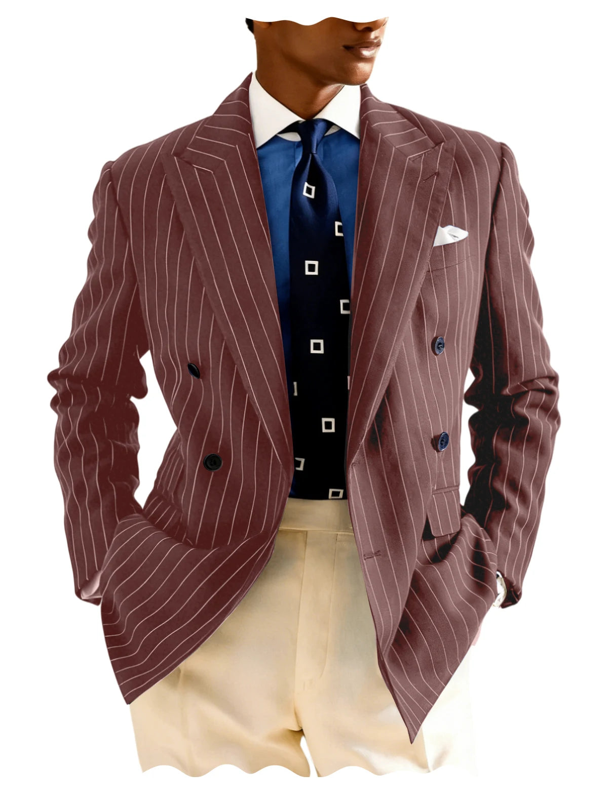 Men's Pinstripe Double Breasted Blazer Classic Peak Lapel Slim Fit Striped Suit Jacket For Party Prom Business Formal Coats