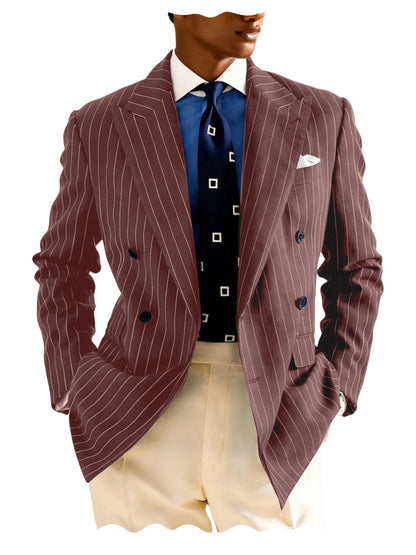 Men's Pinstripe Double Breasted Blazer Classic Peak Lapel Slim Fit Striped Suit Jacket For Party Prom Business Formal Coats