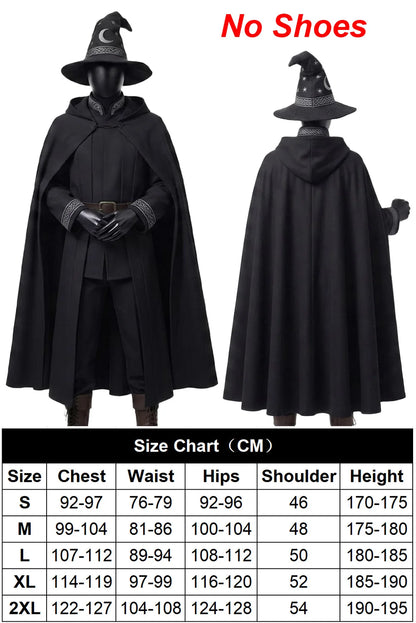 Halloween Cosplay Wizard Cloth Top Pants Cloak Hat Red Grey Black Party Disguise Roleplay
