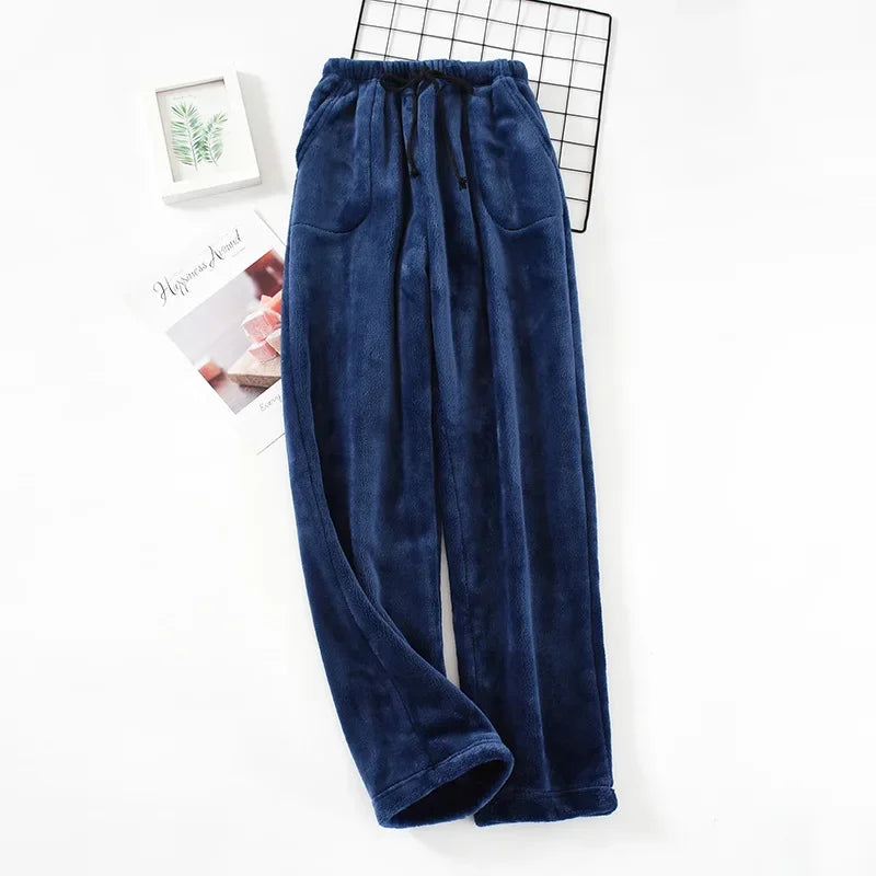Autumn and Winter Thickened Flannel Pajama Bottoms Pants Men's Thickened Coral Fleece Loose Large Size Warm Homewear Pants