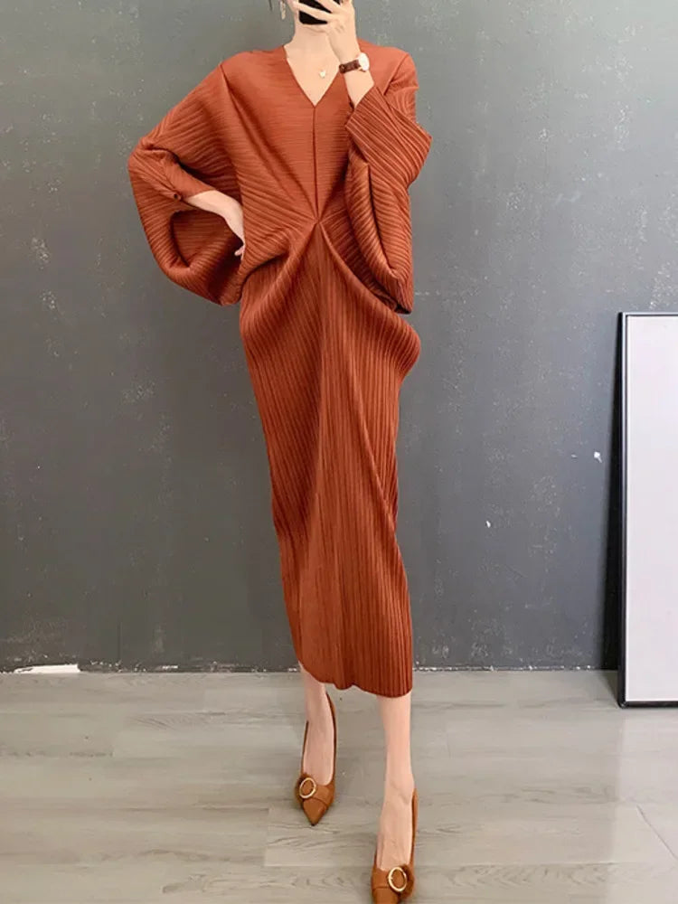 Fold Elegant Pleated V-neck Batwing Elastic Sleeve Mid-calf Dress Women Loose Solid Color 2025 Summer Female New Clothing