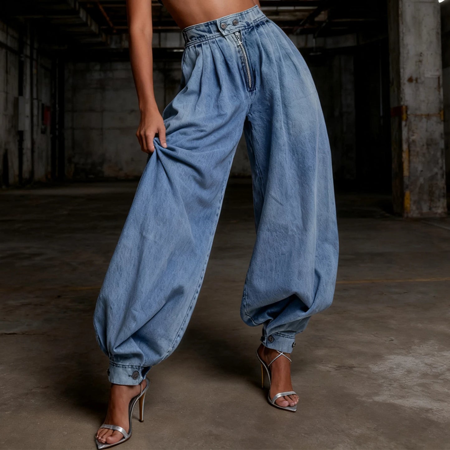 Women Harem Denim Pants Causal High Waist Wide Leg Baggy Solid Color Trousers with Pockets