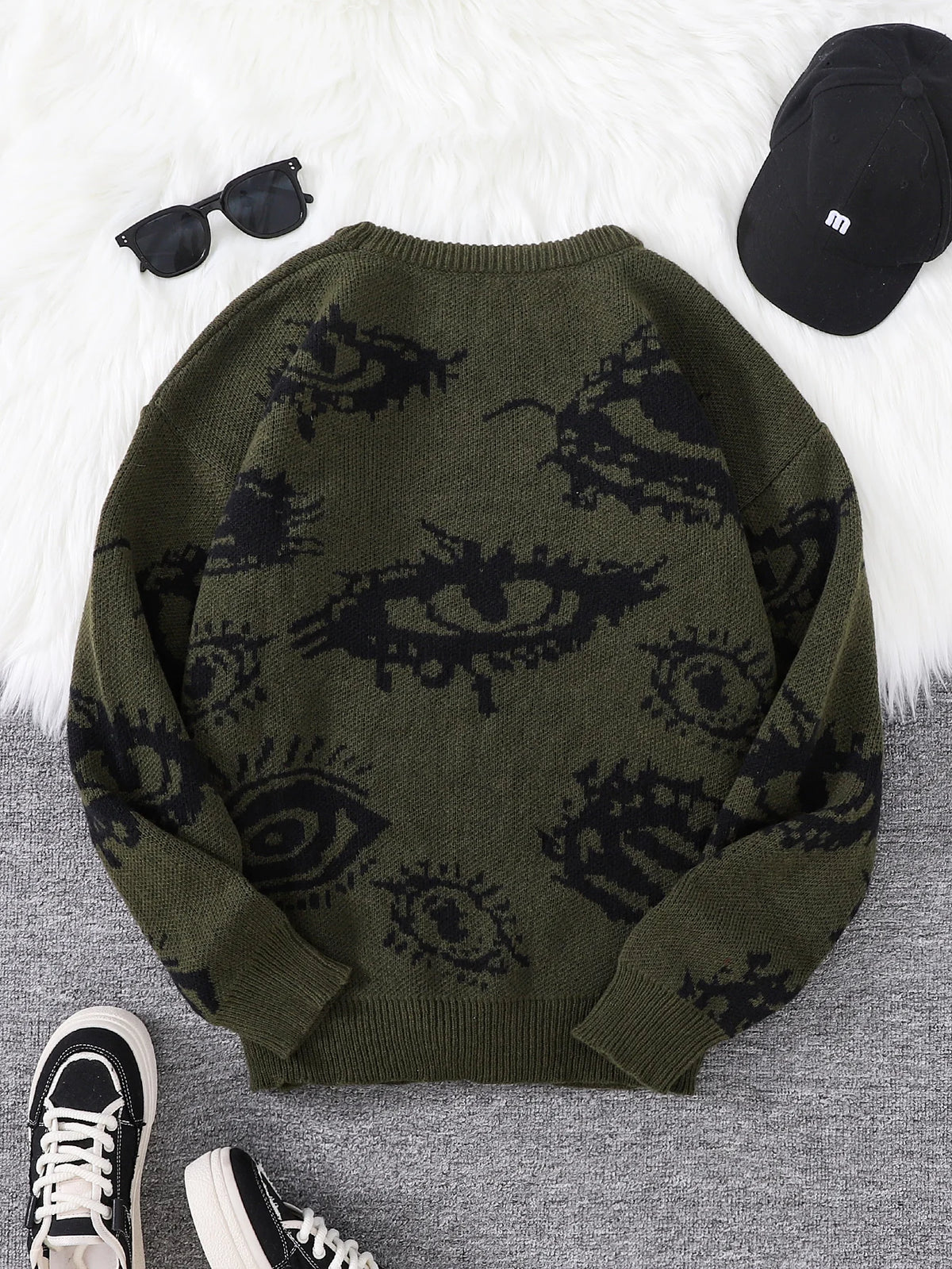 New Trendy Autumn and Winter Abstract Eye Jacquard Pattern Pullover Sweater Casual Round Neck Knitted Men's Pullover
